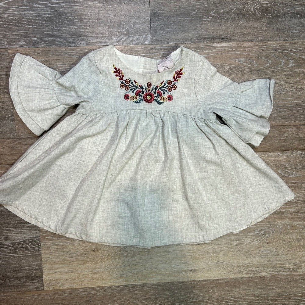 Catherine Malandrino Mini Girls Embroidered Linen Blend Dress Bell Sleeve Sz 18M